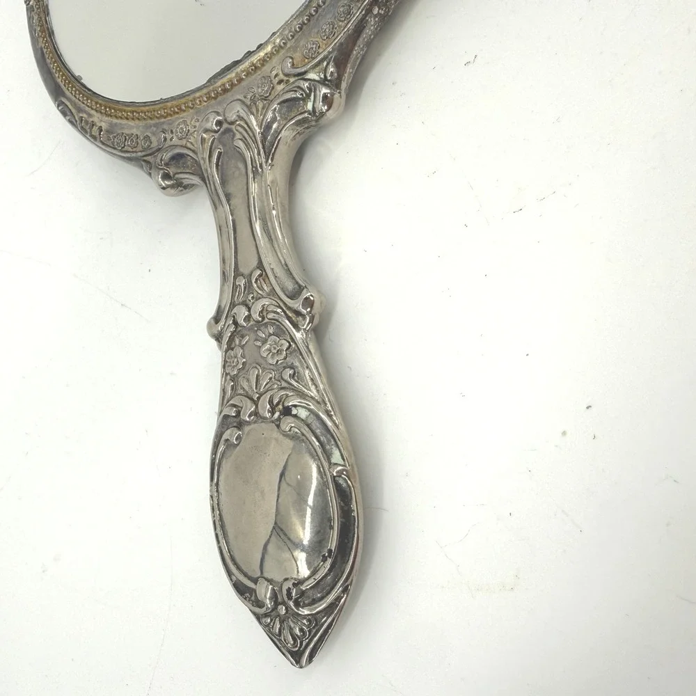 Vintage Hand Mirror Women OS Silver Ornate Floral Repousse Victorian Style